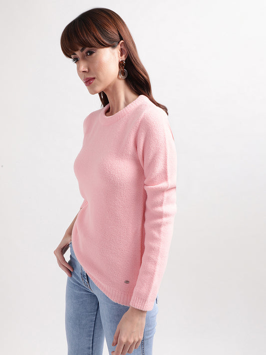 Elle Women Pink Solid Round Neck Sweater