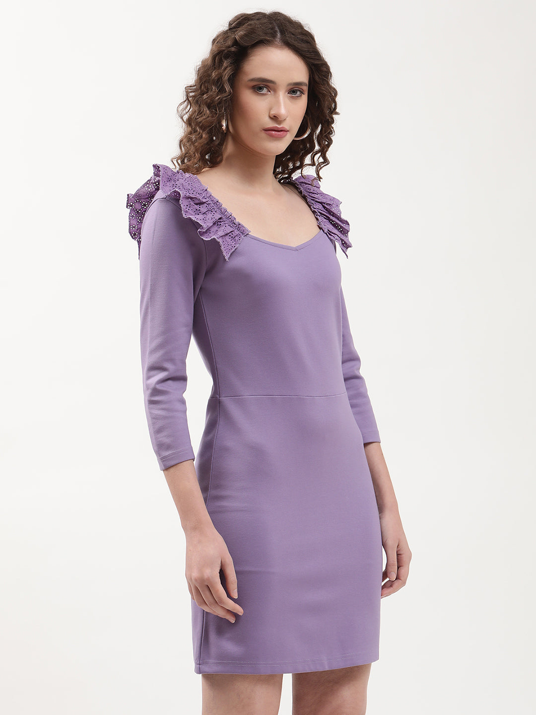Elle Women Lilac Solid Round Neck Dress