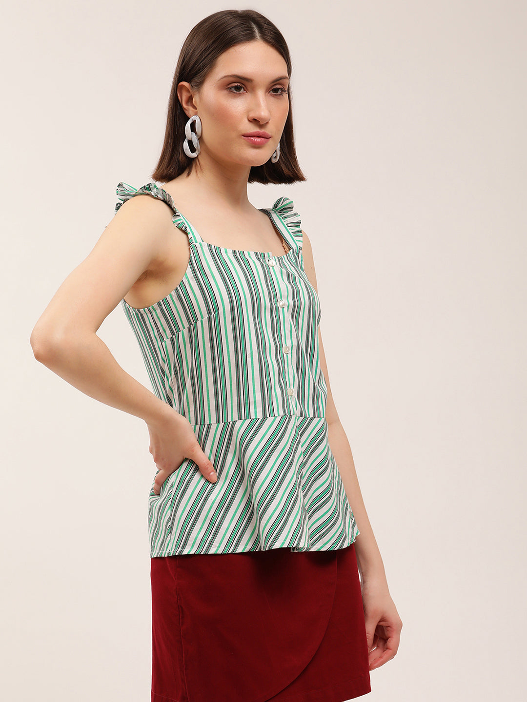Elle Women Green Striped Square Neck Top