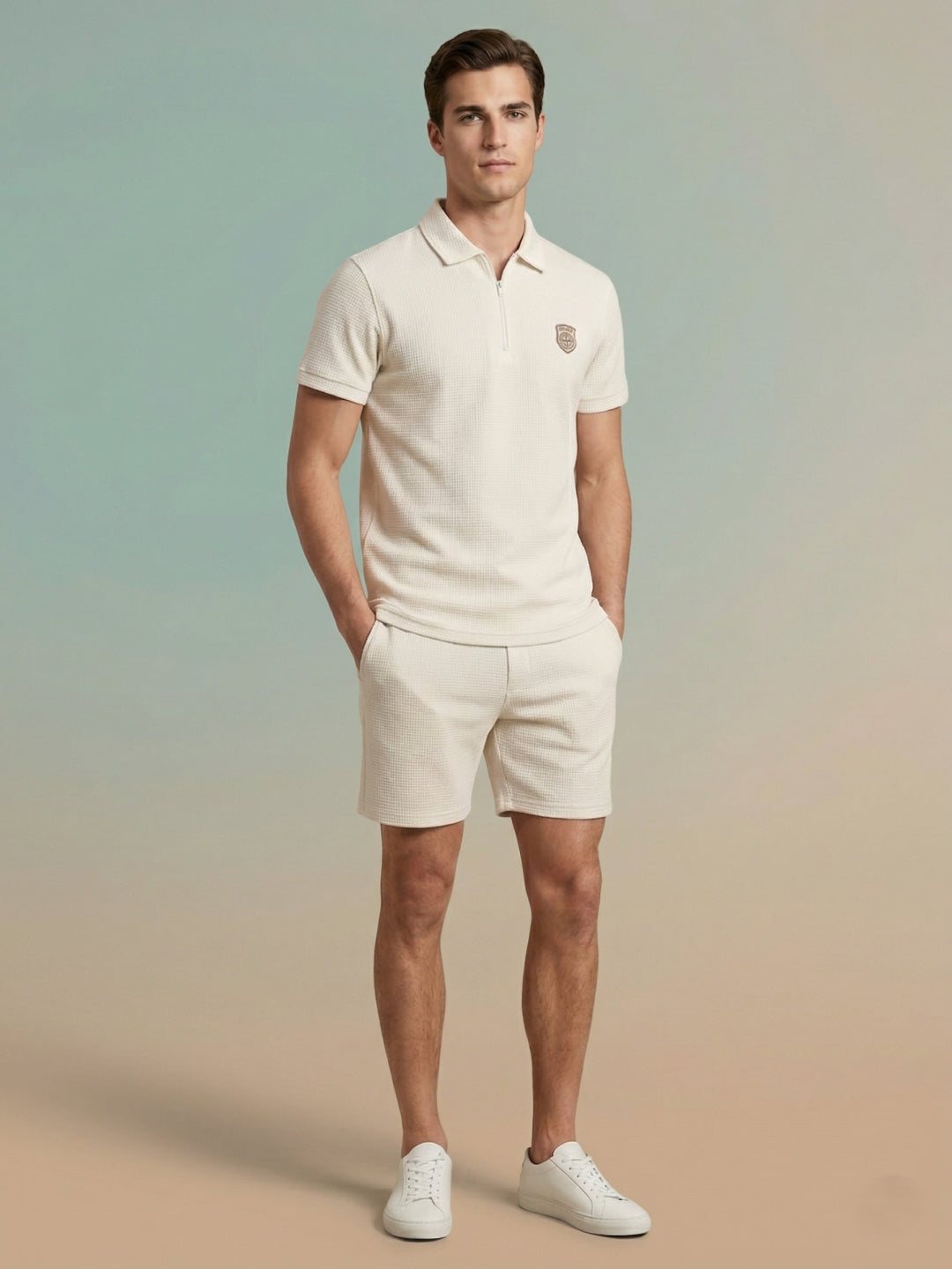 Iconic Men Cream Solid Regular Fit Polo T-Shirt