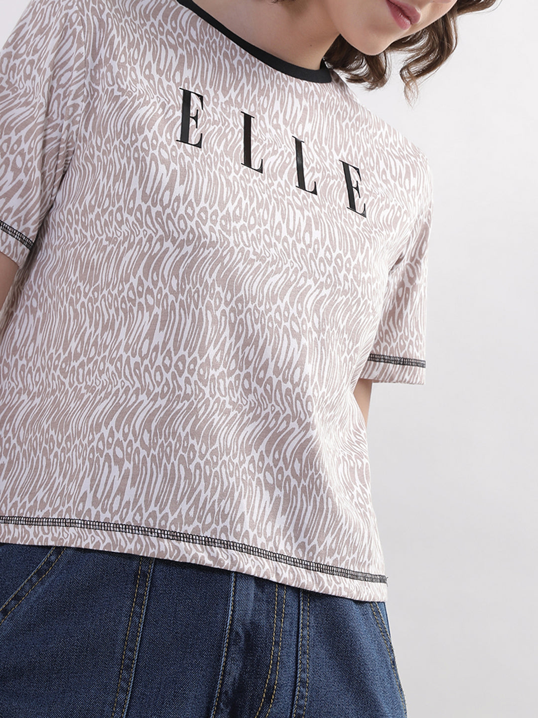 Elle Women Beige Solid Round Neck TShirt