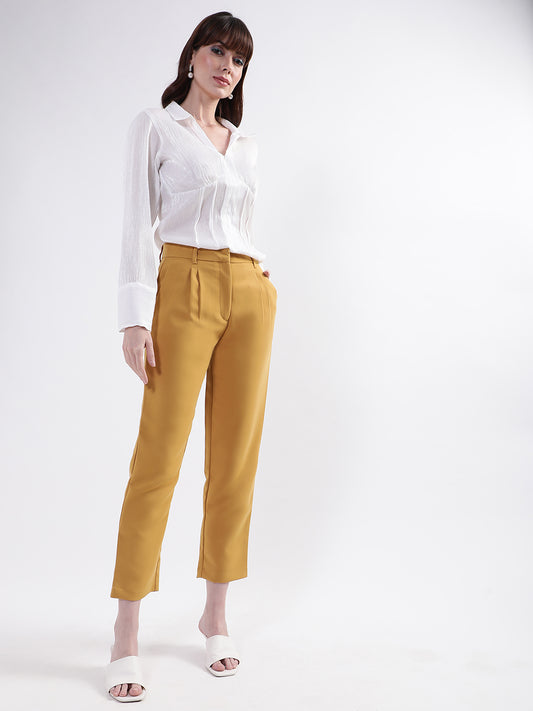 Centre Stage Women Mustard Solid Regular Fit Trouser