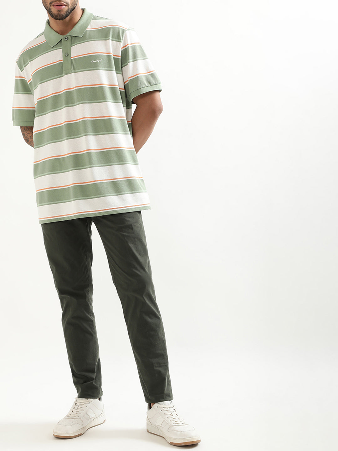 Gant Green Striped Regular Fit Polo T-Shirt