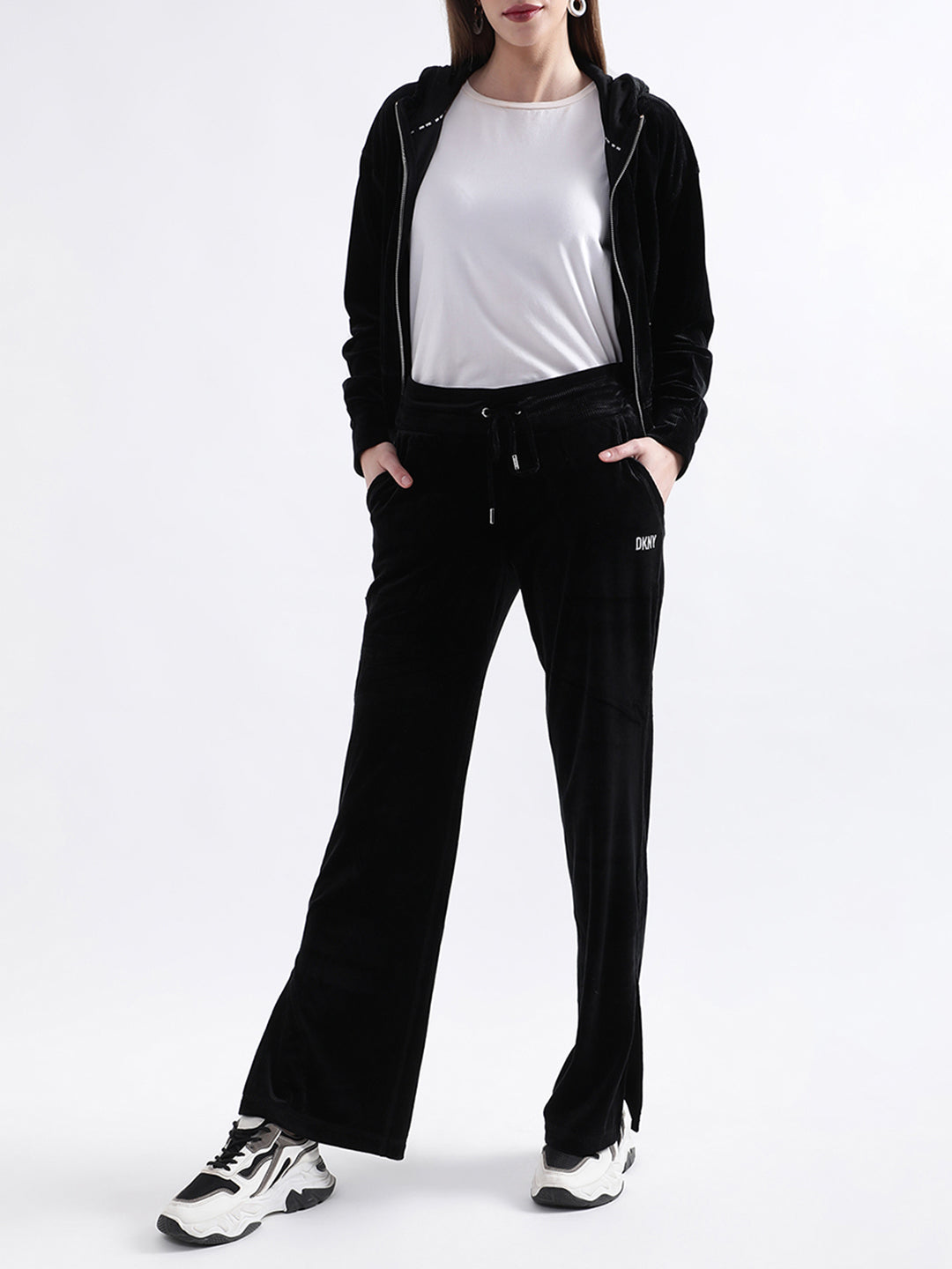 DKNY Women Black Solid Hooded Sweatshirt