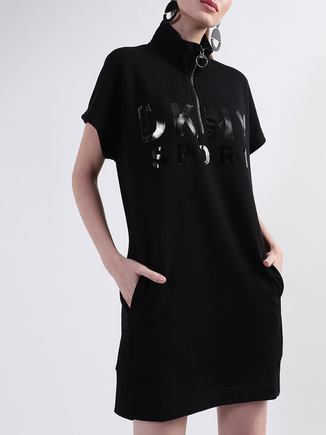 DKNY Women Black Solid High Neck Dress