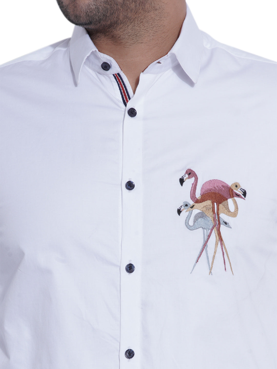 Abkasa Men White Embroidered Collar Shirt