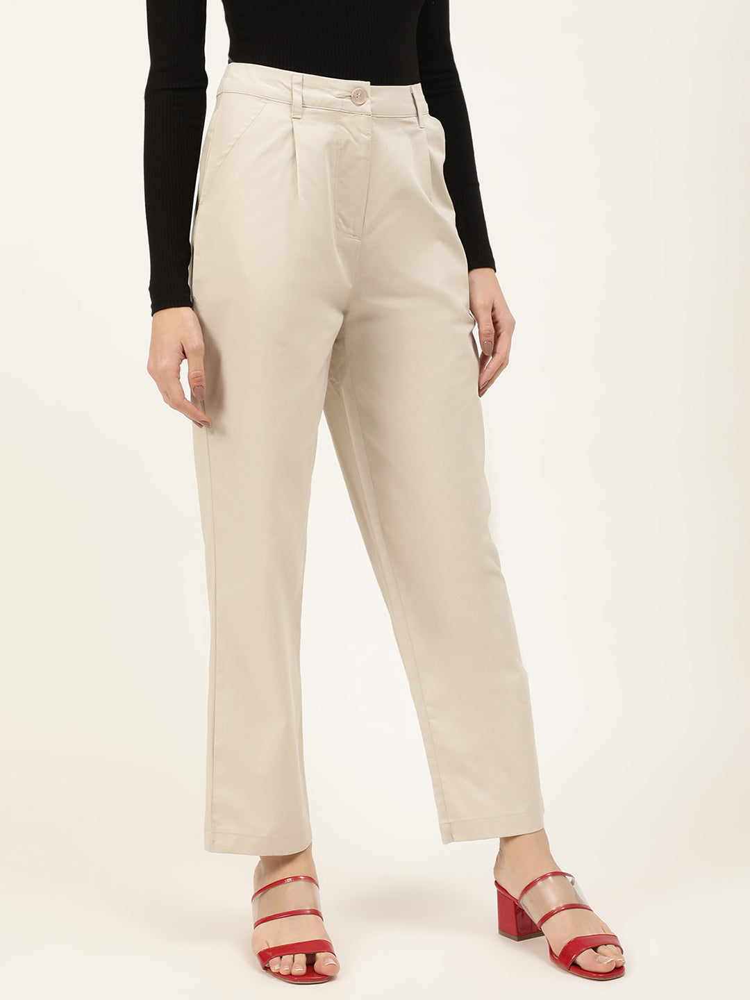 Elle Women Beige Solid Regular Fit Trouser