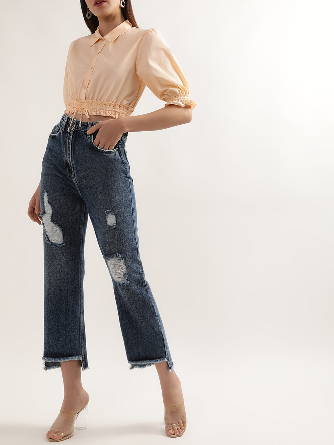 Elle Women Peach Solid Collar Top