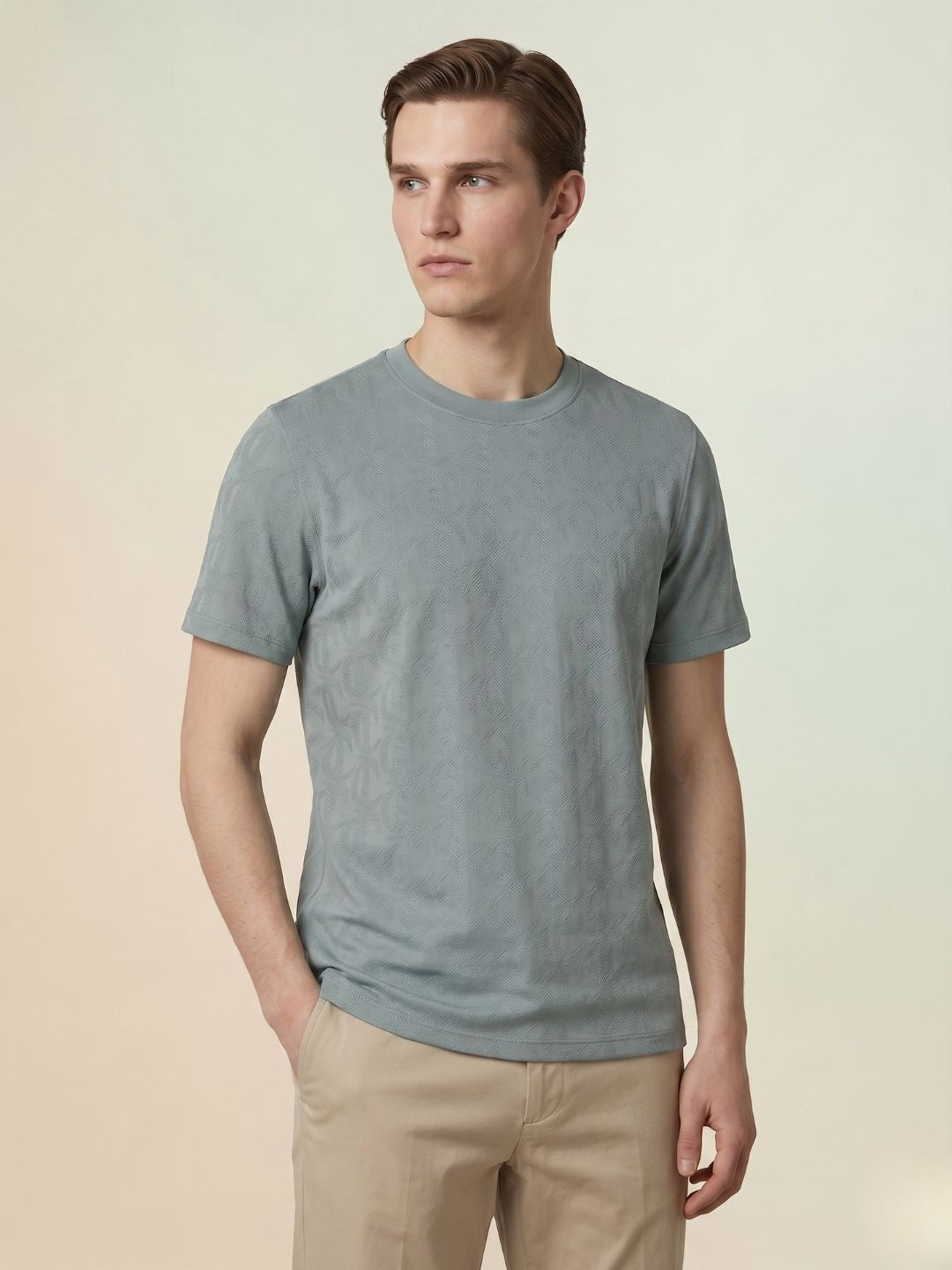 Iconic Men Green Jacquard Regular Fit Pure Cotton T-Shirt
