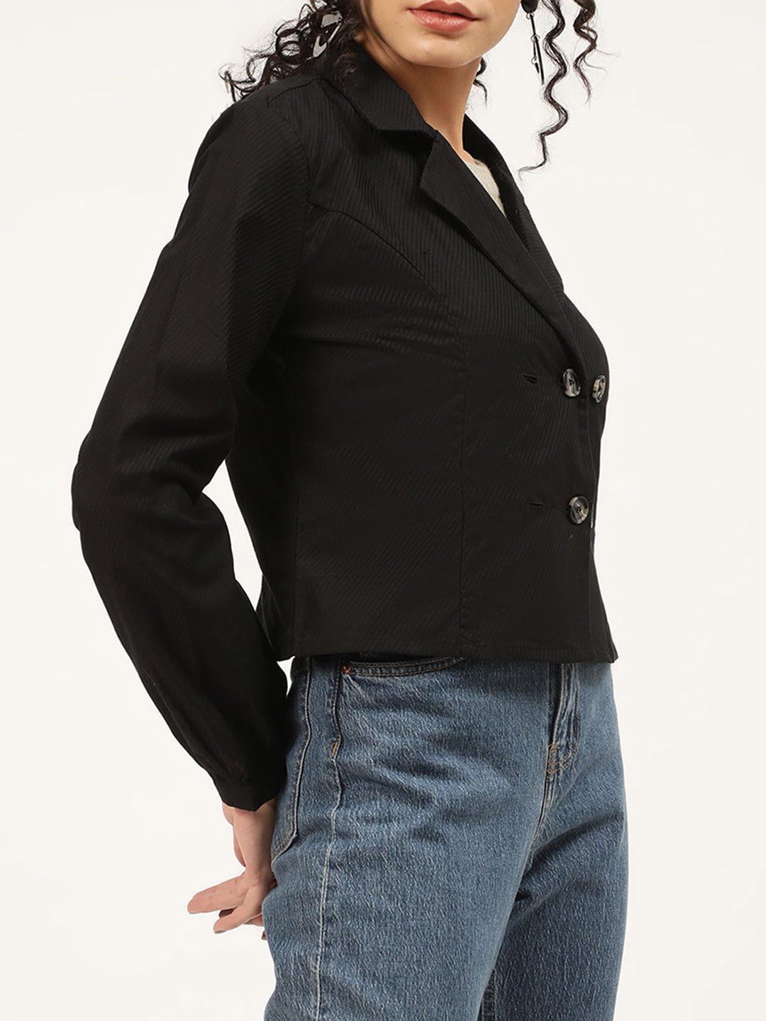 Elle Women Black Solid Collar Top