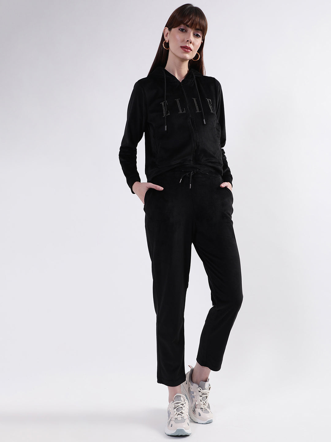 Elle Women Black Solid Round Neck Sweatshirt