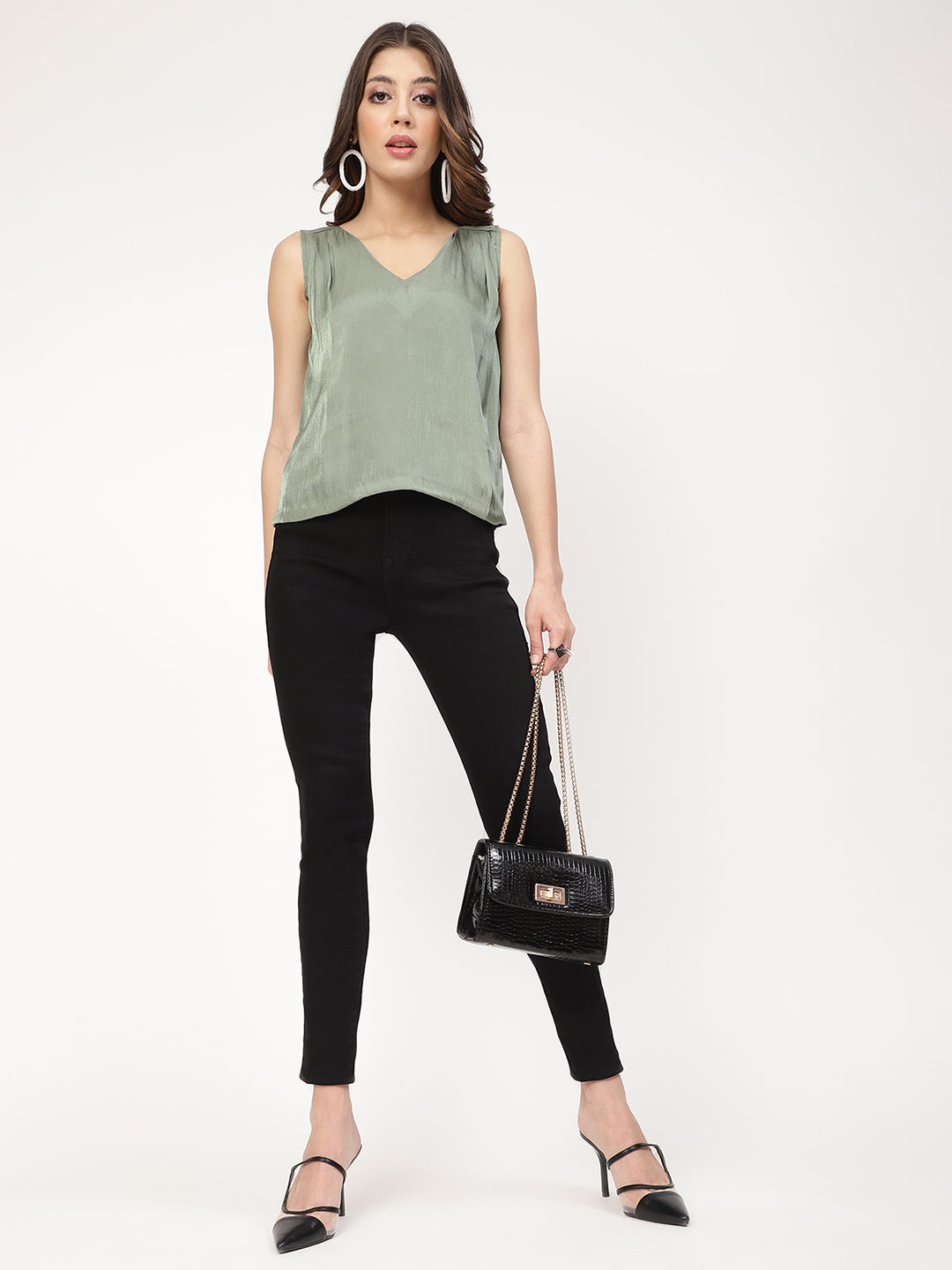 Centre Stage Women Green Solid Square Neck Top