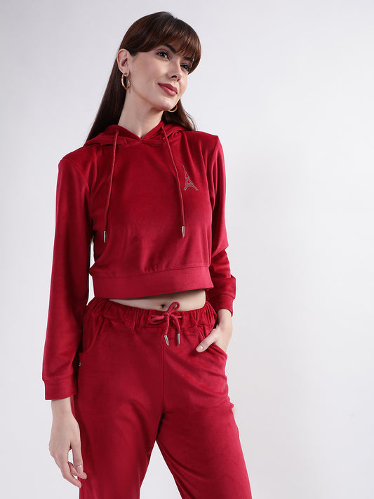 Elle Women Maroon Solid Hooded Sweatshirt