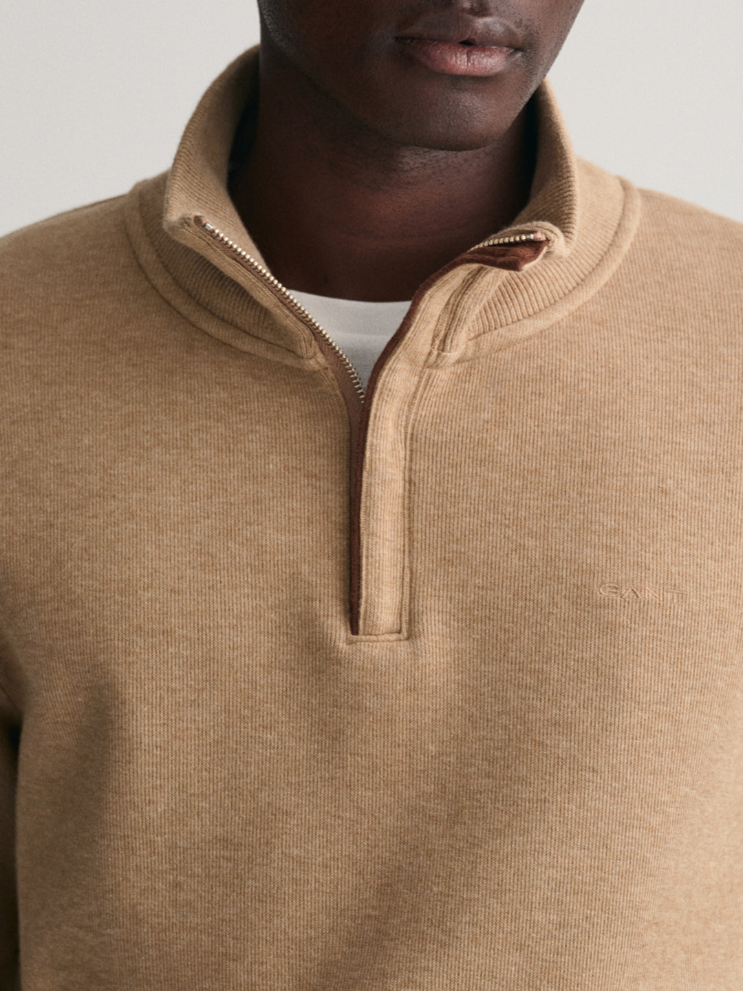 Gant Men Khaki Solid Full Sleeves Stand Collar Sweatshirt