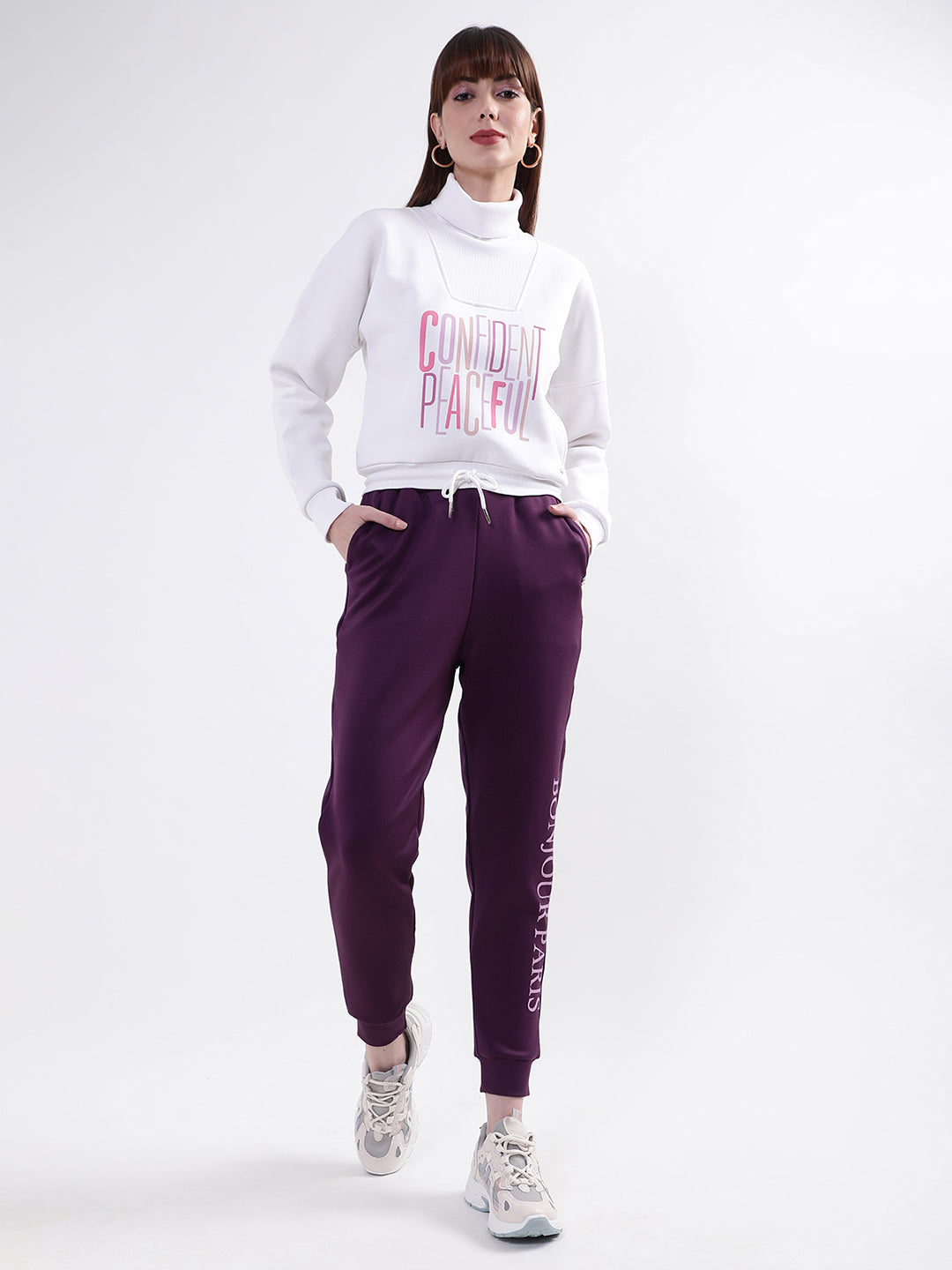 Elle Women White Solid Round Neck Sweatshirt