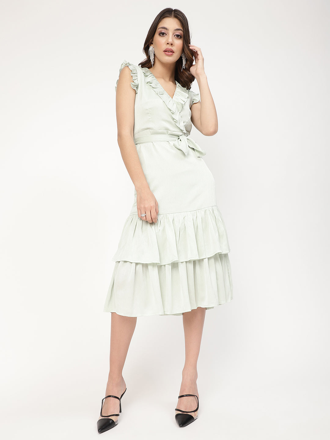 Centre Stage Women Green Printed V Neck Dress