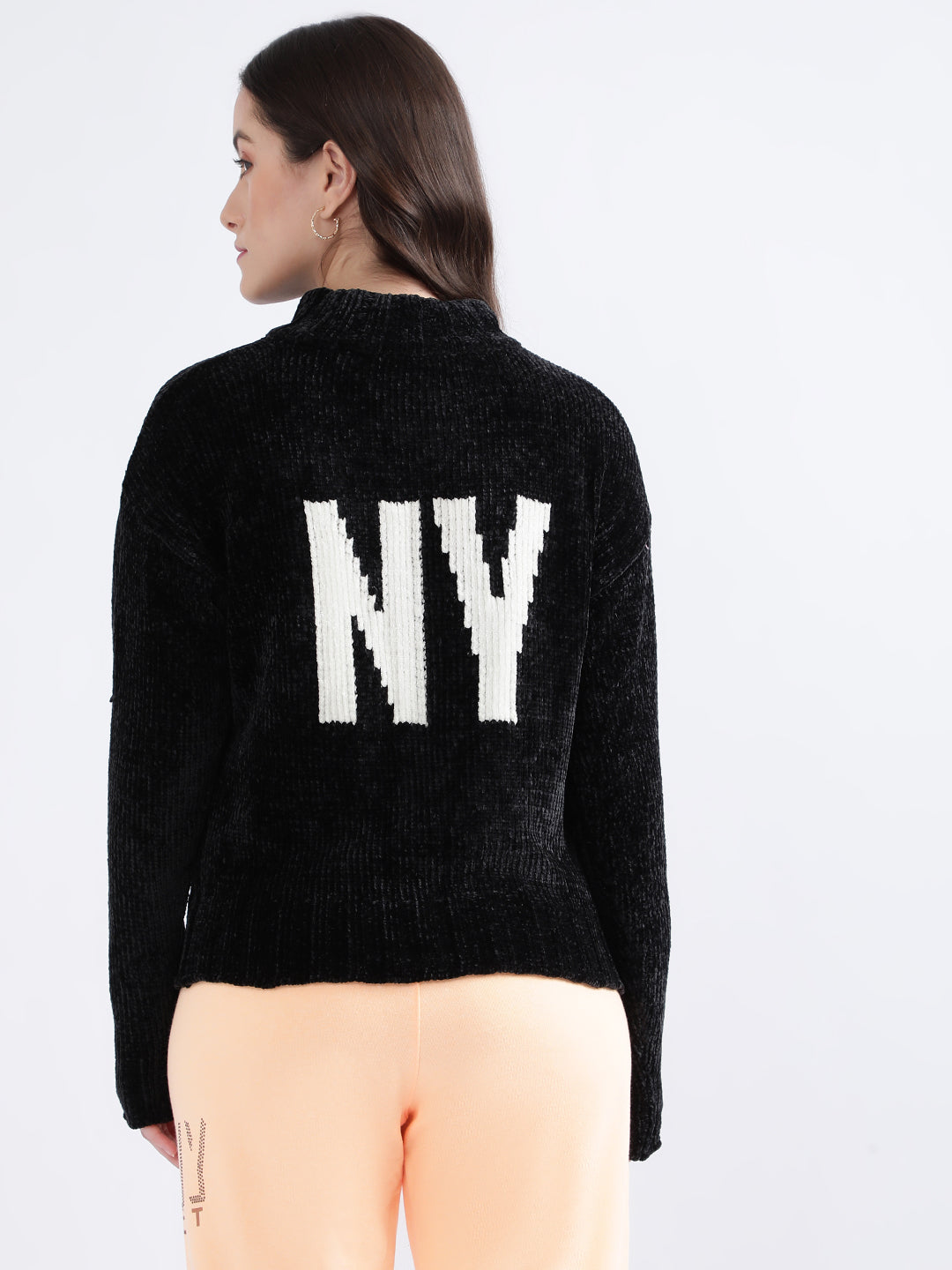 DKNY Women Black Printed Turtle Neck Sweater