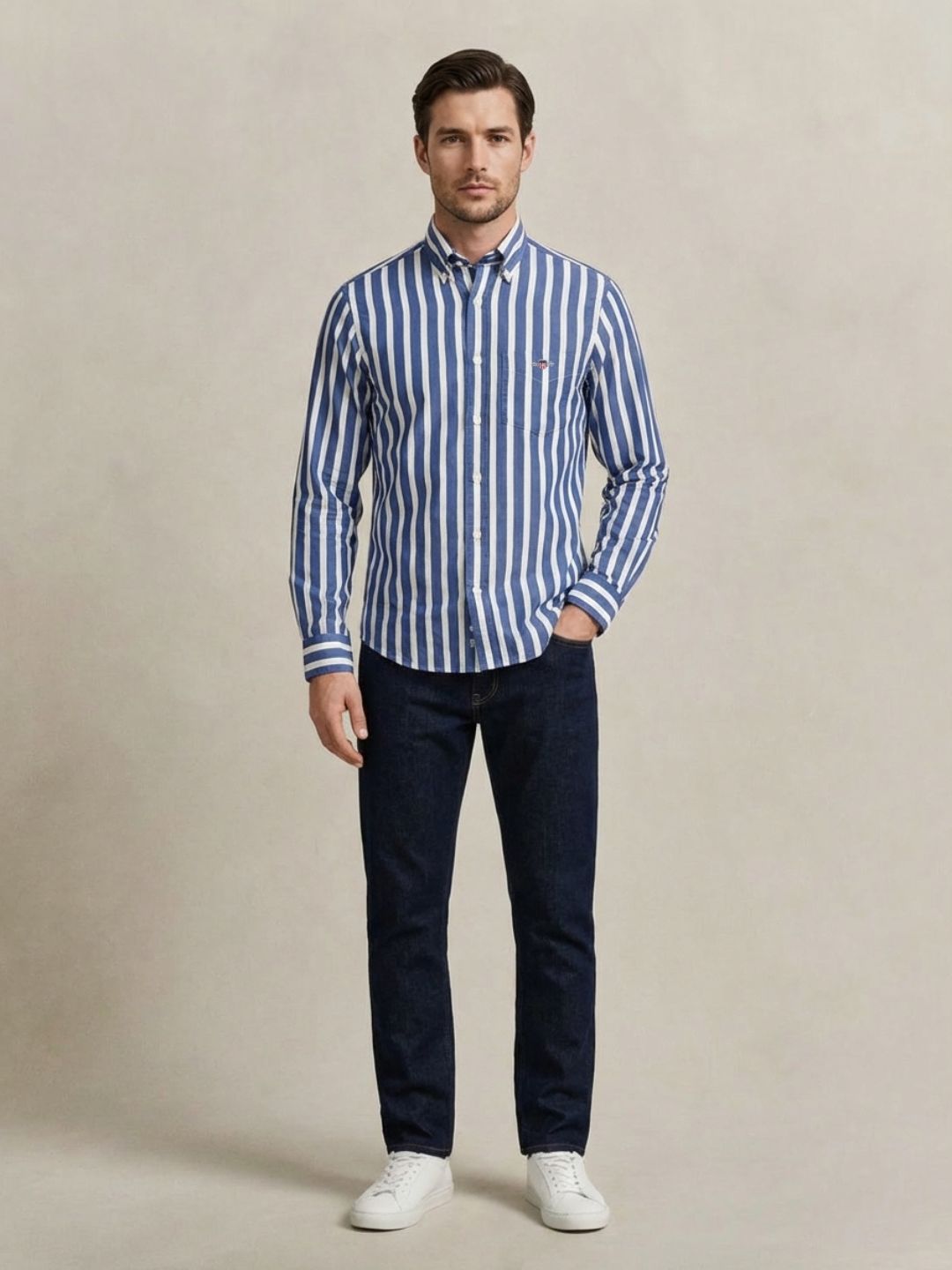 Gant Men Blue Striped Regular Fit Classic Poplin Shirt