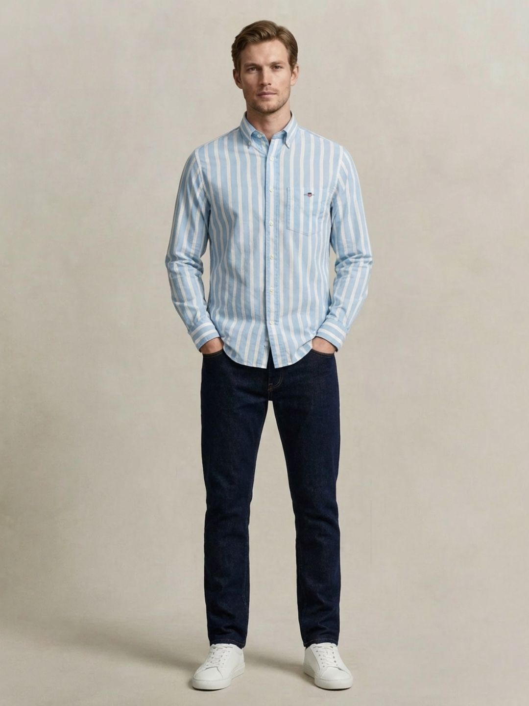 Gant Men Blue Striped Regular Fit Classic Poplin Shirt