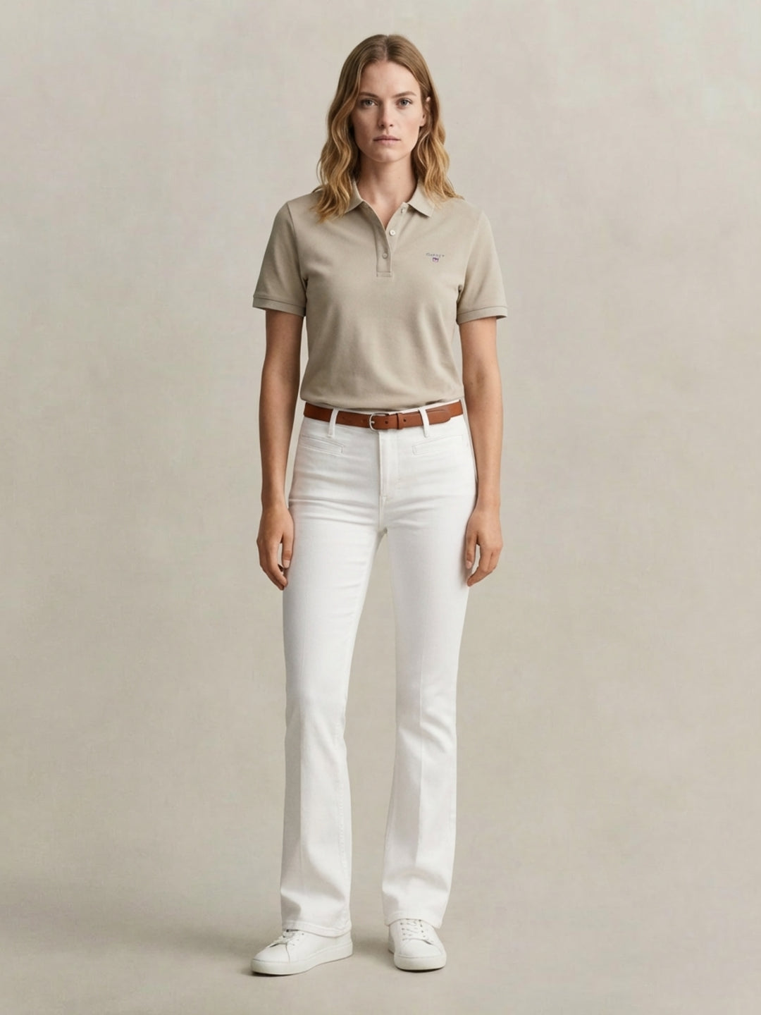 Gant Women Beige Solid Regular Fit Polo T-Shirt