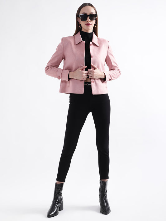 Centre Stage Women Pink Solid Collar Jacket
