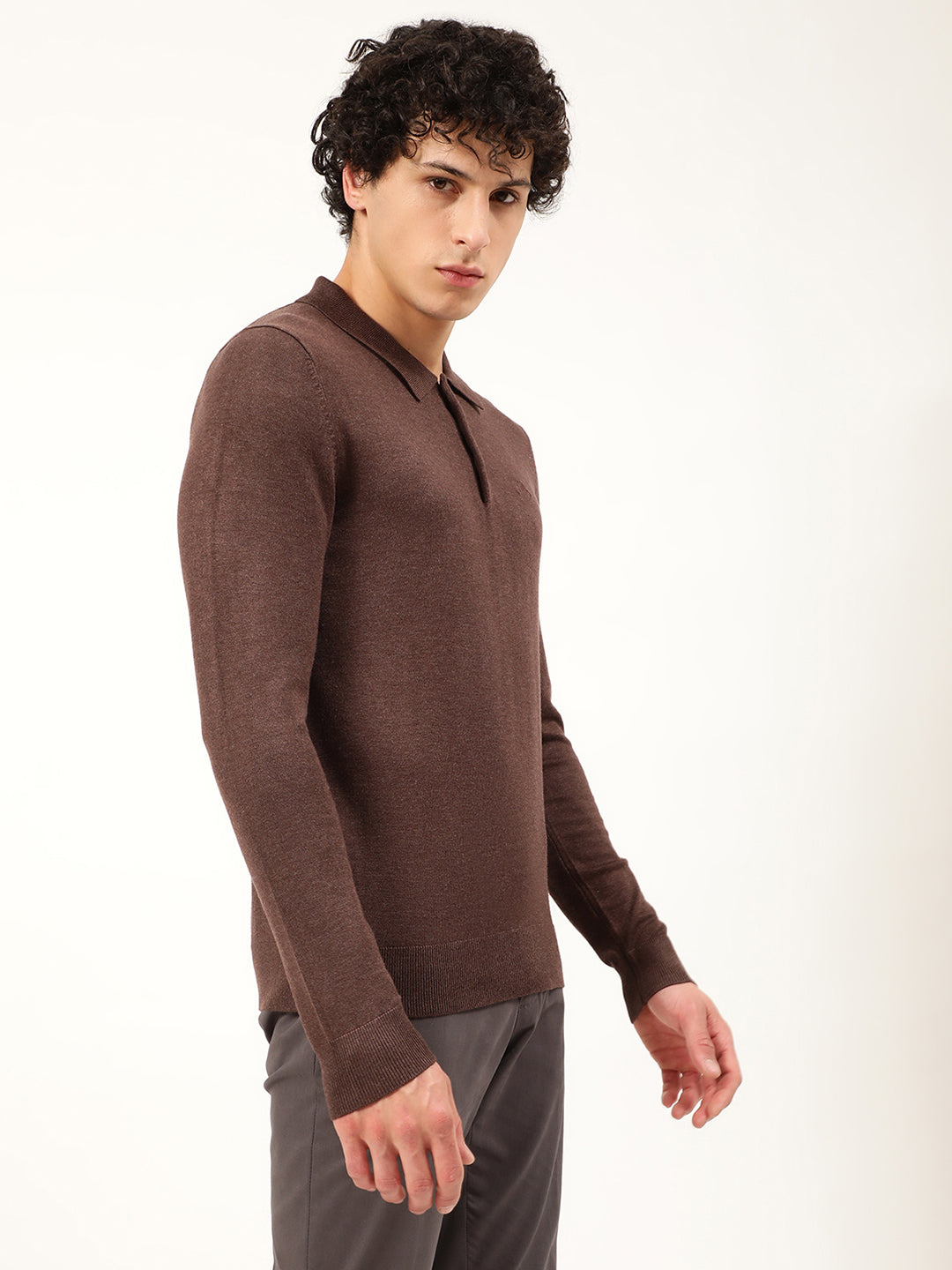 Lindbergh Men Brown Solid Round Neck Sweater