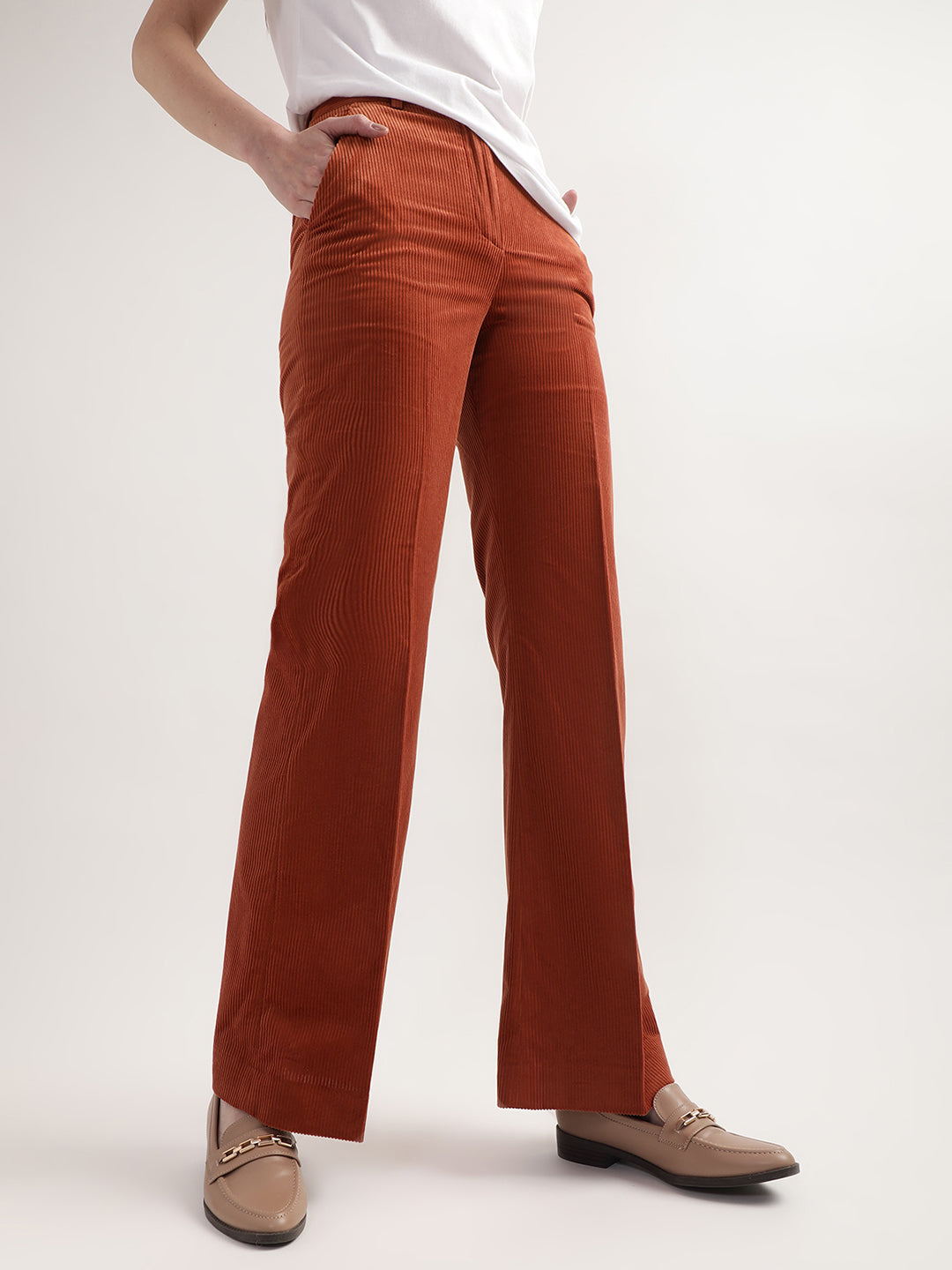 Gant Women Rust Striped Cotton Straight Fit Bootcut Trousers