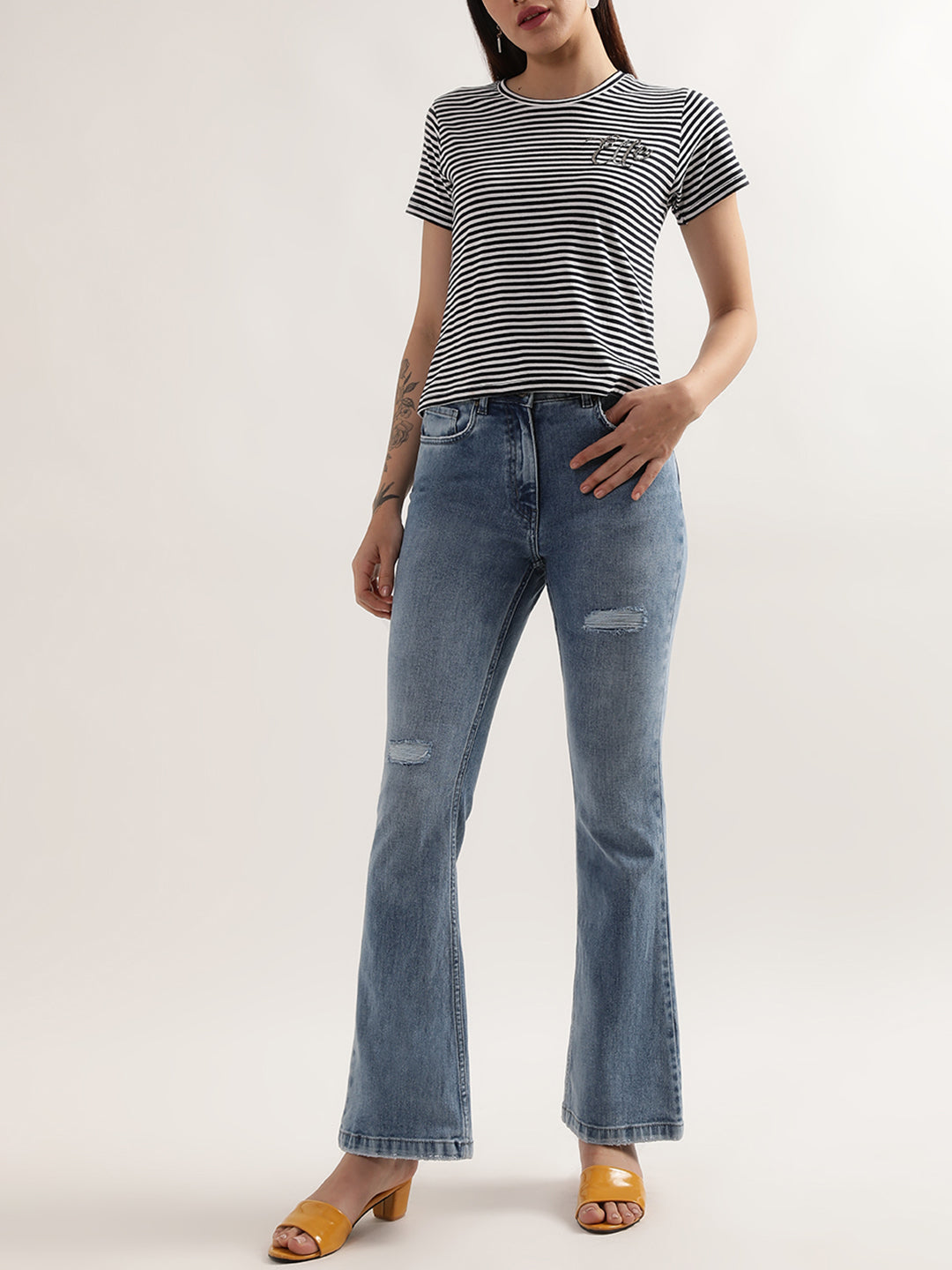 Elle Women Black Striped Tshirt