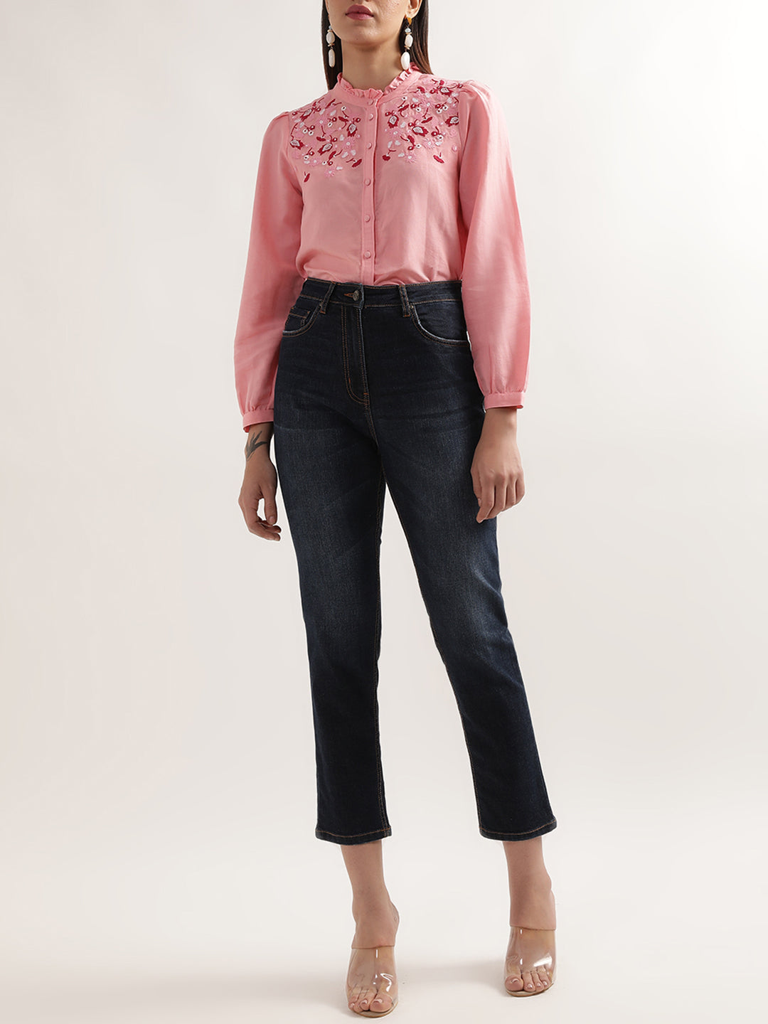 Elle Women Pink Solid Round Neck Top