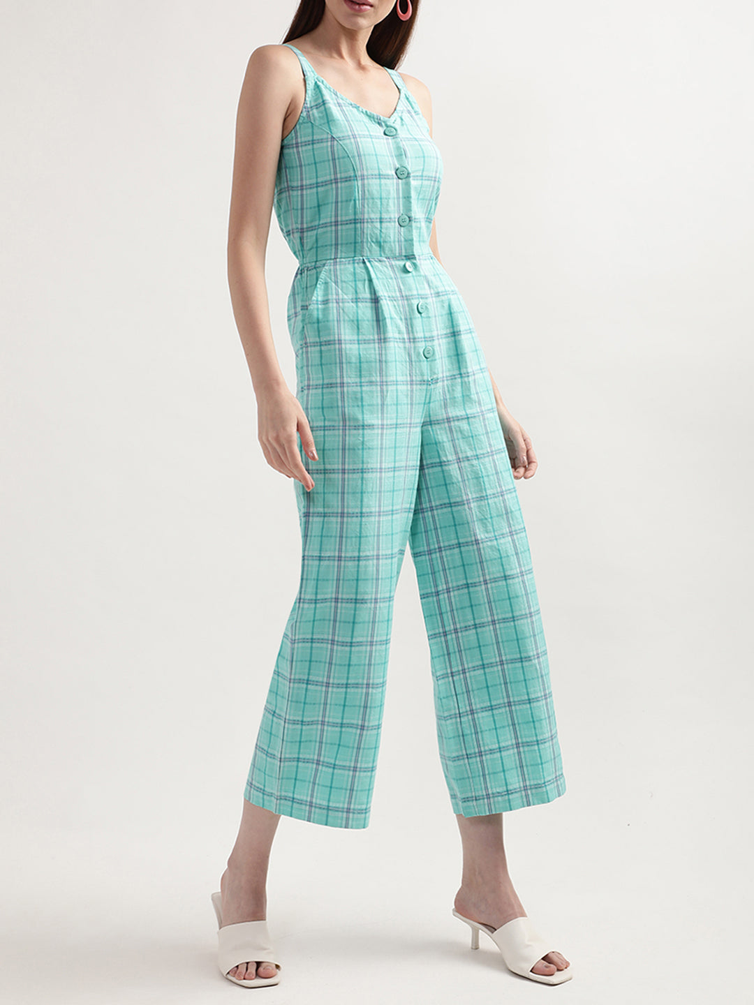 Elle Women Green Checked V Neck Jumpsuit