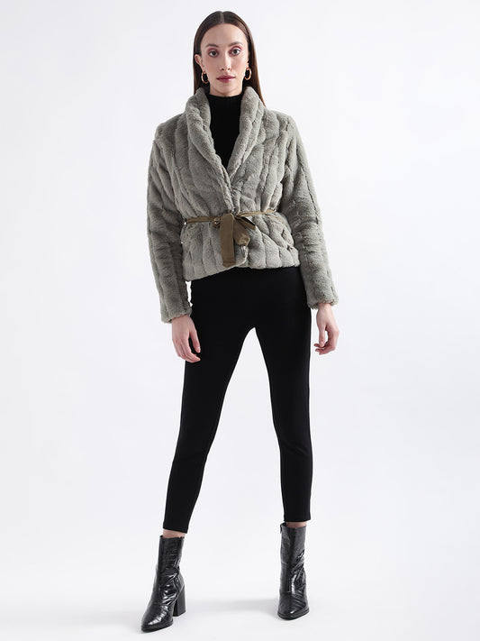 Centre Stage Women Grey Solid Collar Jacket
