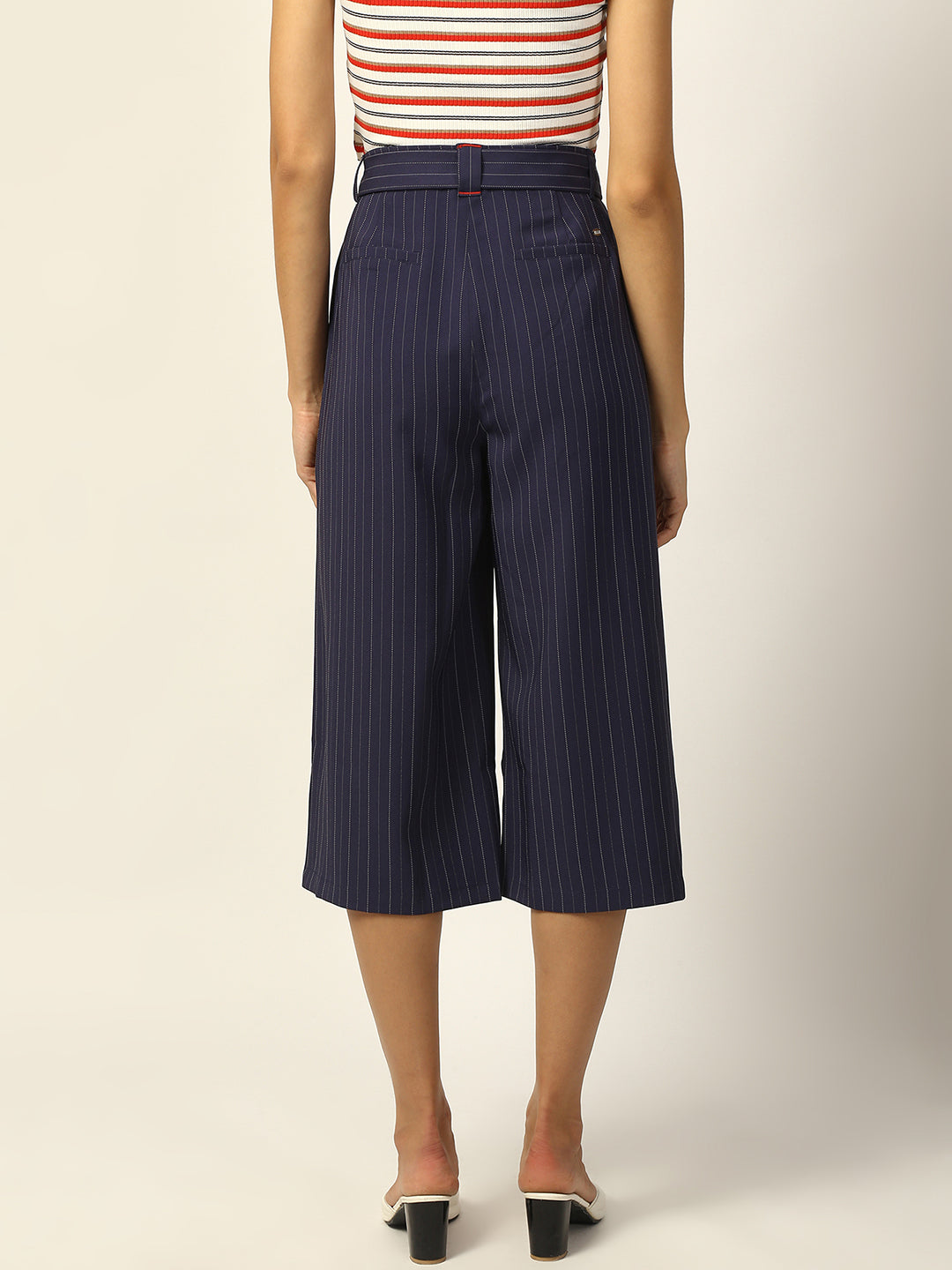 Elle Women Navy Blue Printed Flared Fit Trouser