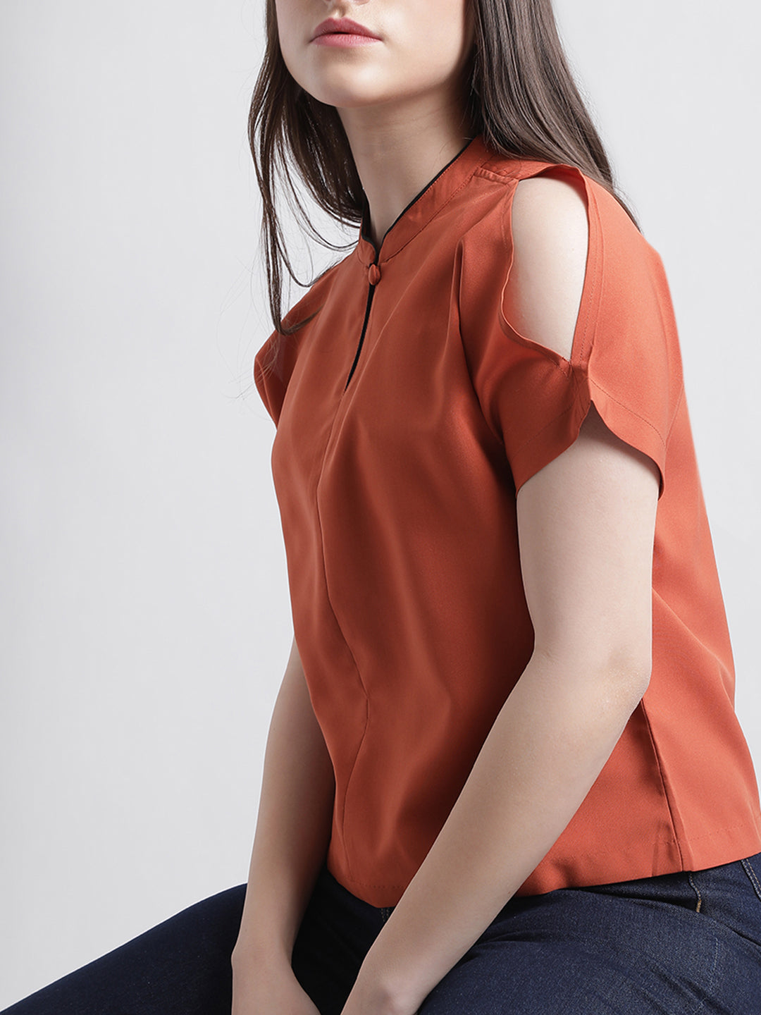 Centre Stage Women Rust Solid Band Collar Top