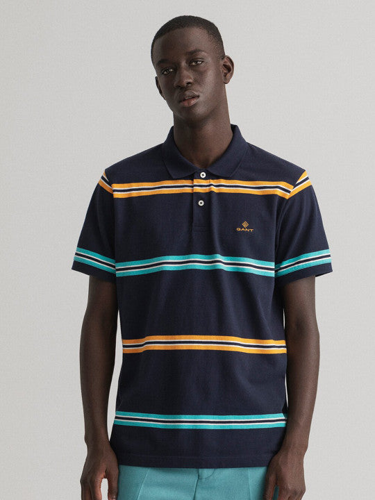 Gant Navy Blue Striped Regular Fit Polo T-Shirt