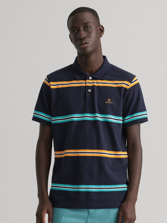 Gant Navy Blue Striped Regular Fit Polo T-Shirt
