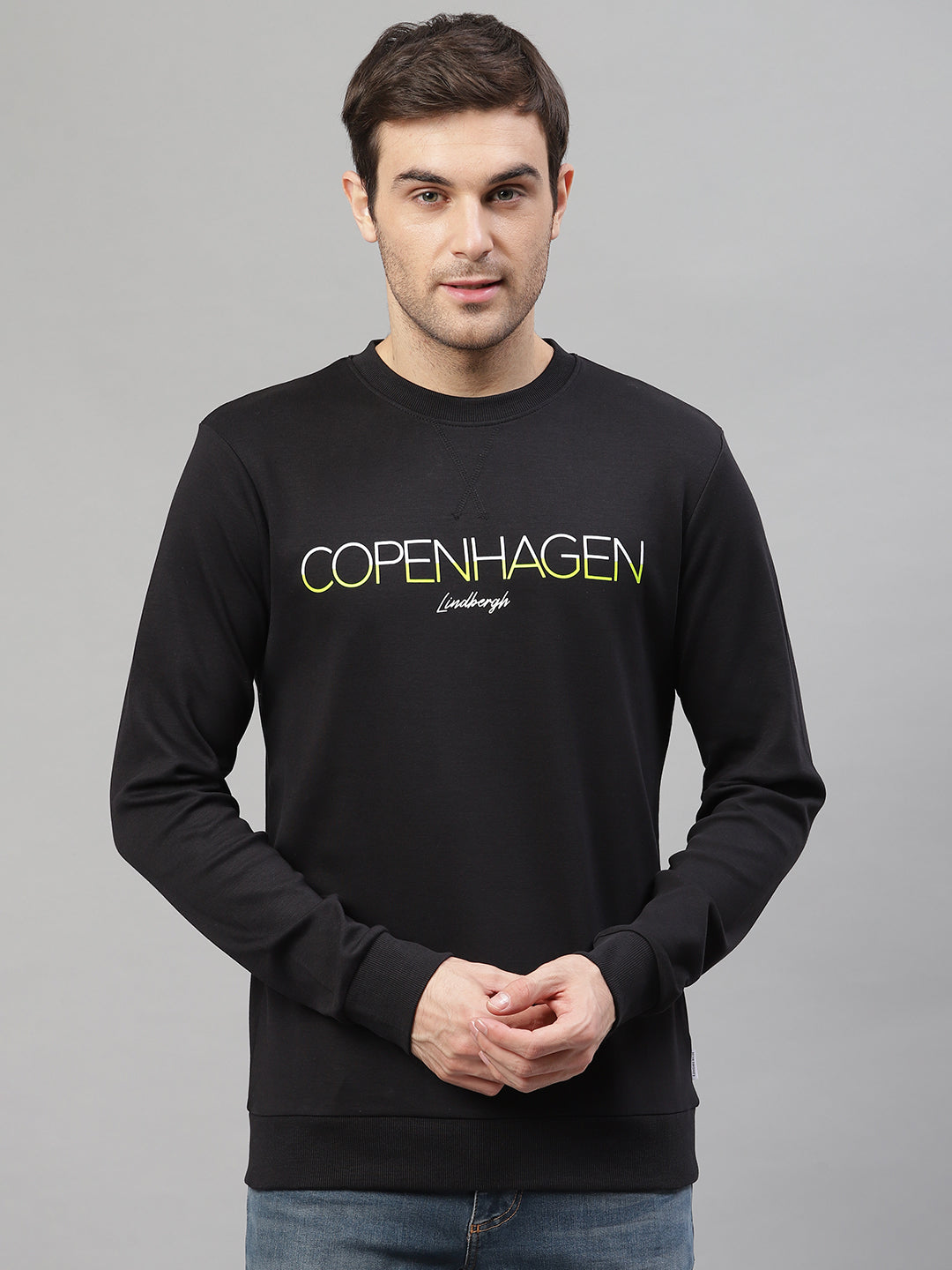 Lindbergh Men Black Printed Round Neck Sweatshirt