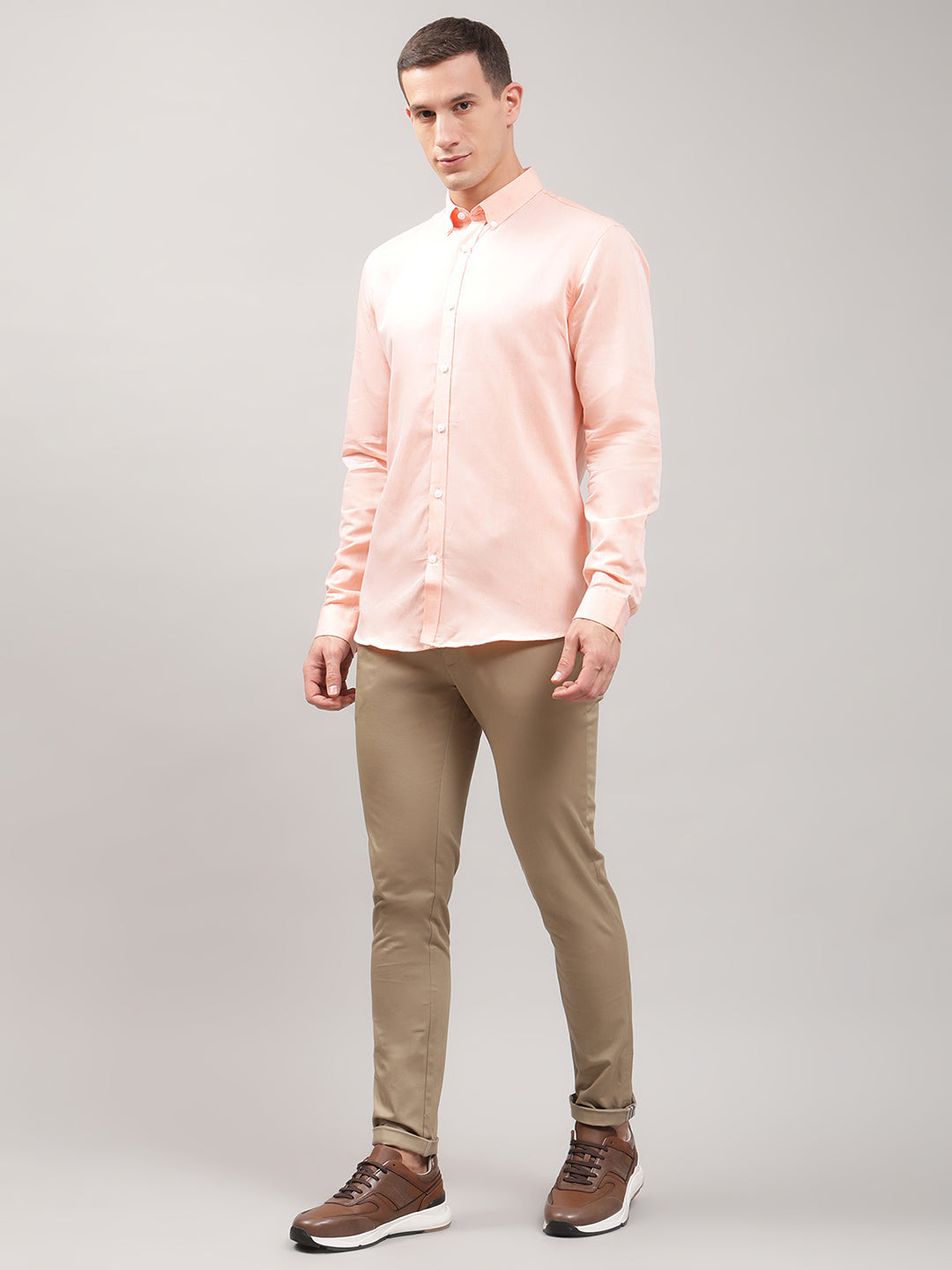 Lindbergh Men Peach Solid Button Down Shirt