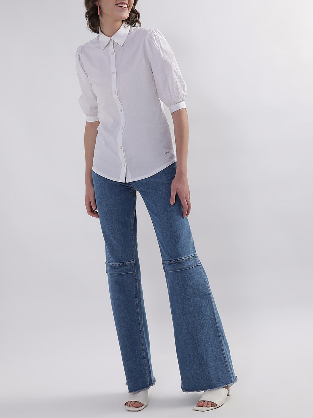 Elle Women White Solid Collar Top