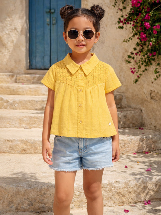 Blue Giraffe Girls Yellow Solid Regular Fit Pure Cotton Top
