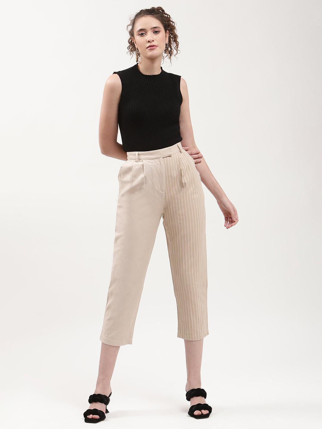 Elle Women Beige Striped Relaxed Fit Trouser
