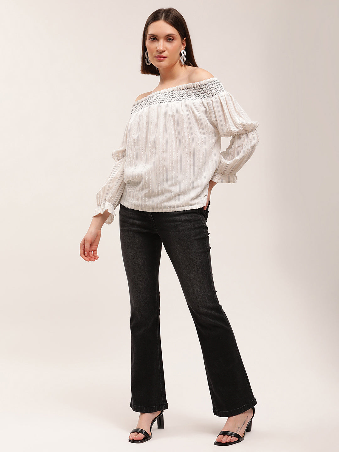 Elle Women White Striped Off Shoulder Top