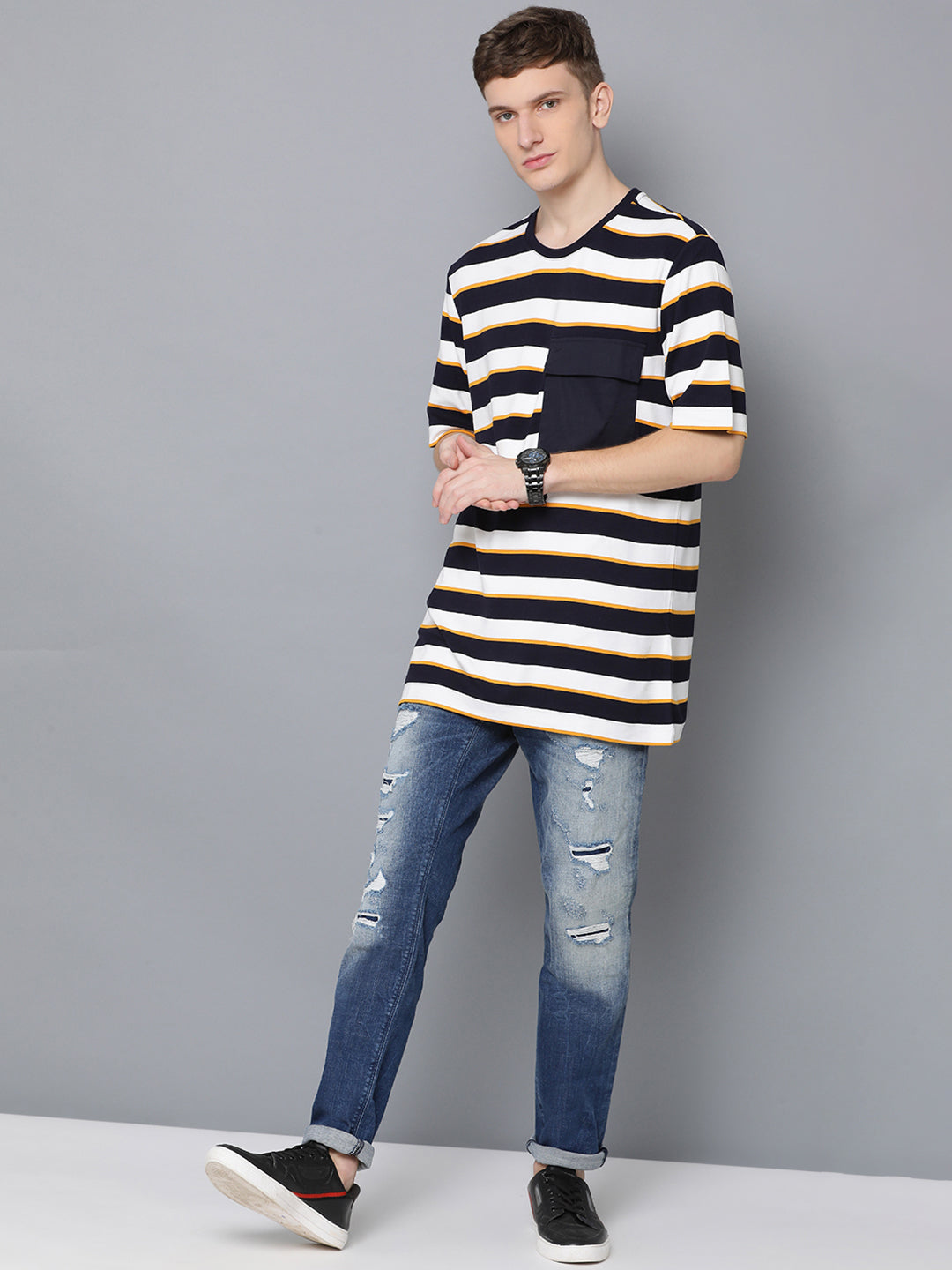 Antony Morato Blue Ink Contrast Striped Slim Fit T-Shirt