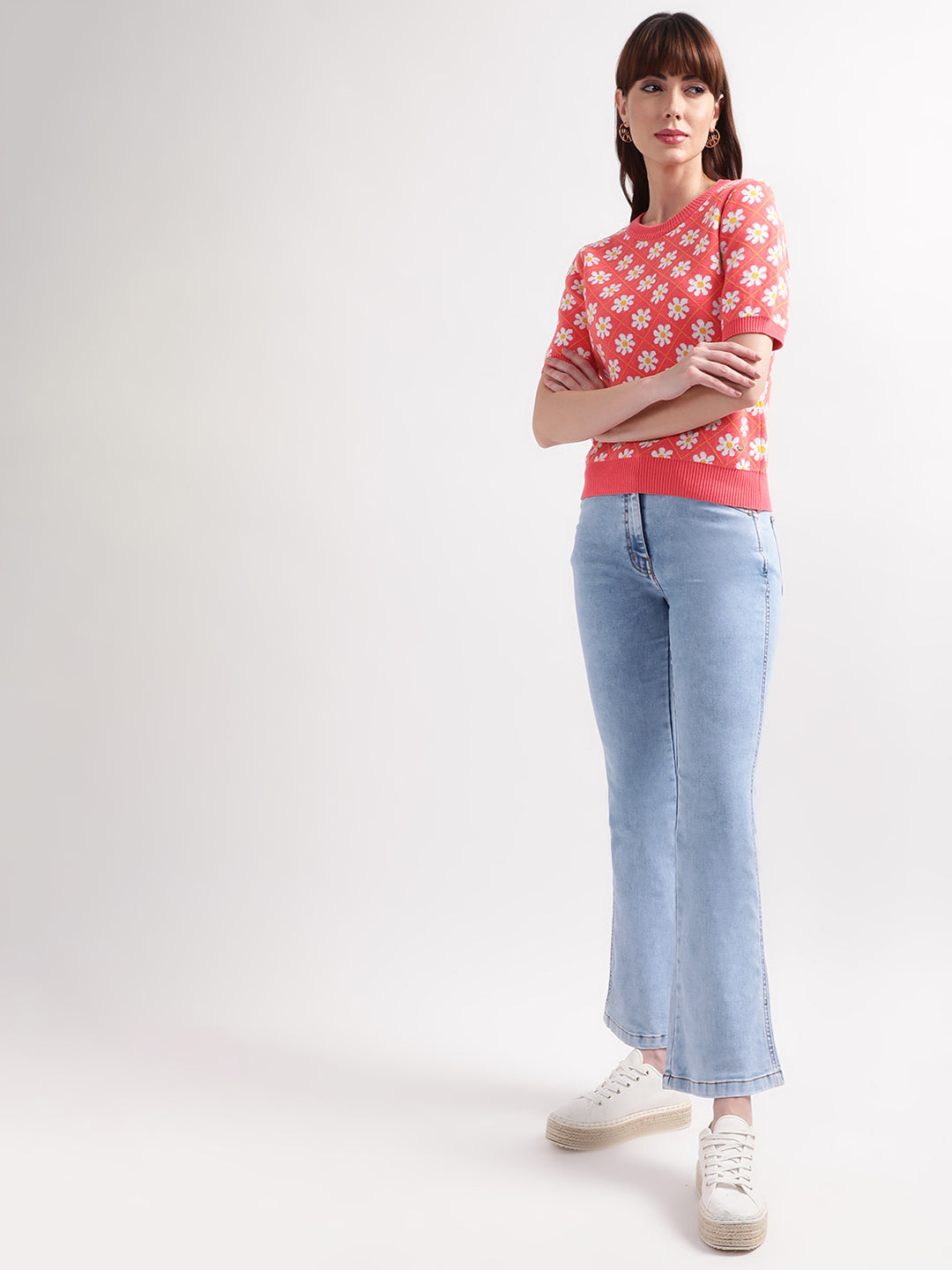 Elle Women Peach Self-Design Round Neck Top