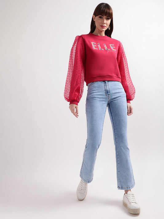 Elle Women Red Solid Round Neck Sweatshirt