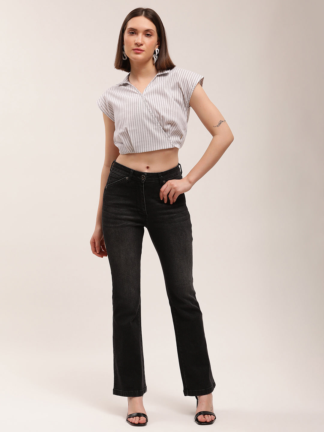 Elle Women Black Striped V Neck Top