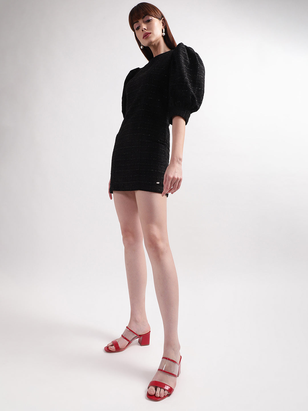 Elle Women Black Solid Band Collar Dress