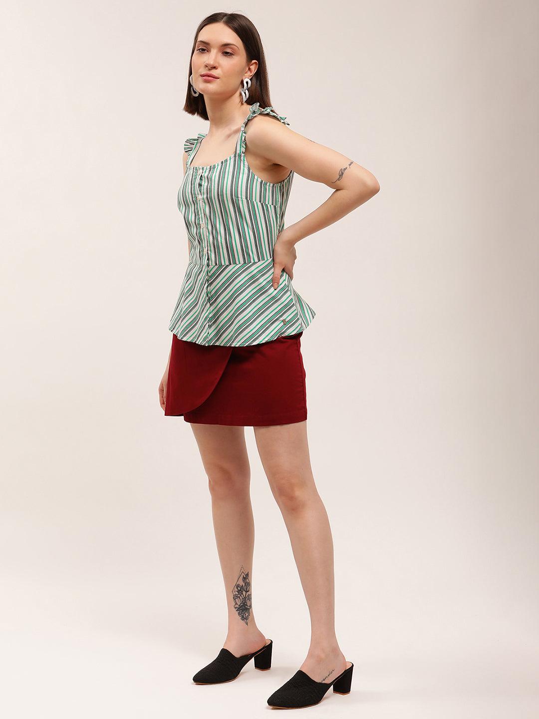 Elle Women Green Striped Square Neck Top