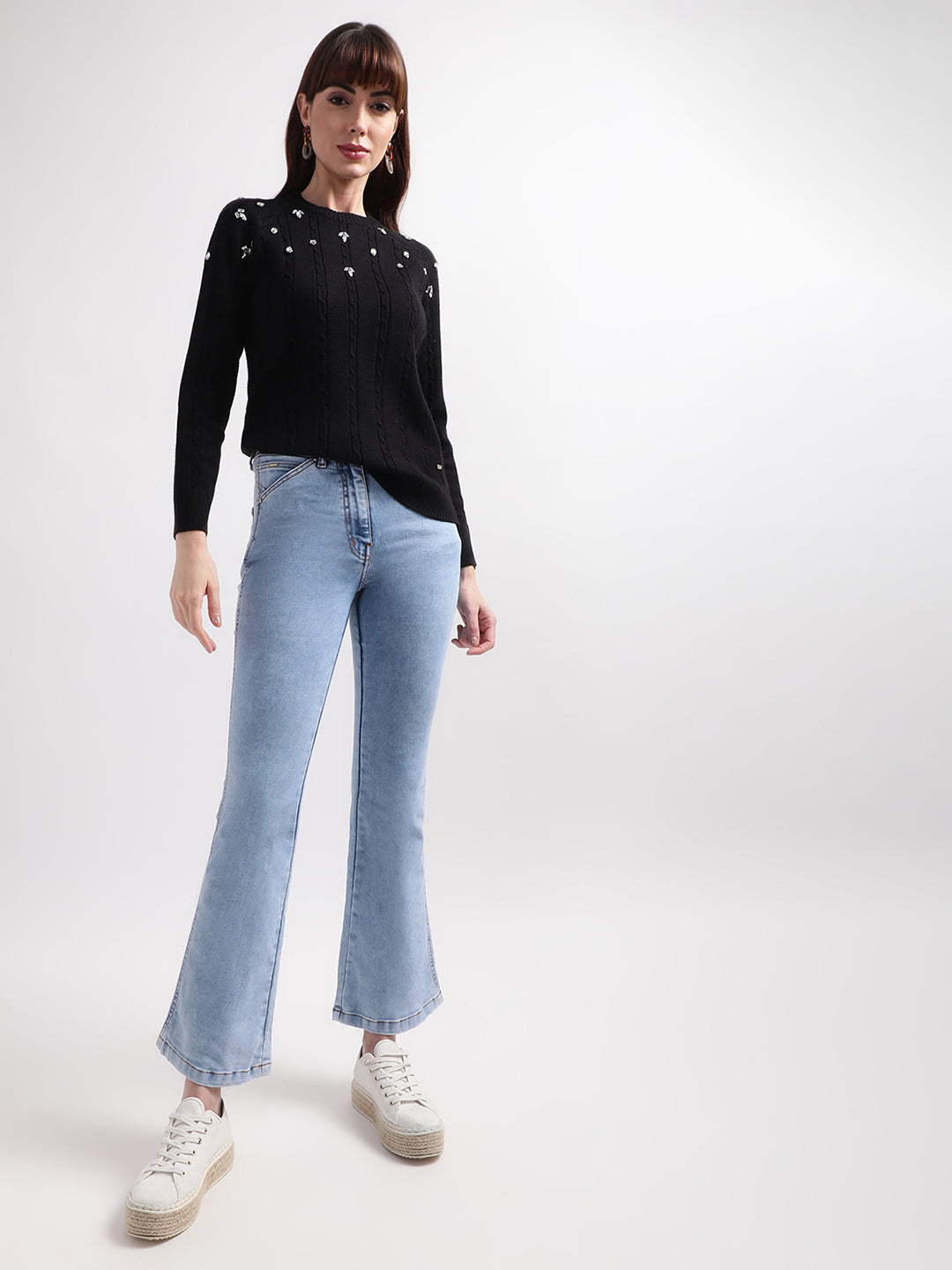 Elle Women Black Solid Round Neck Sweater