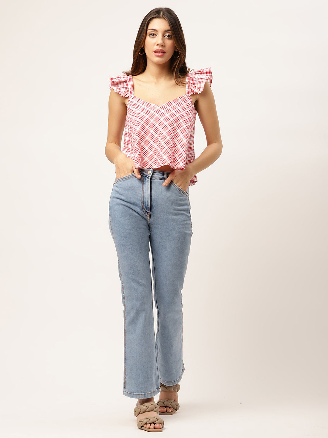 Elle Women Red Checked V Neck Top