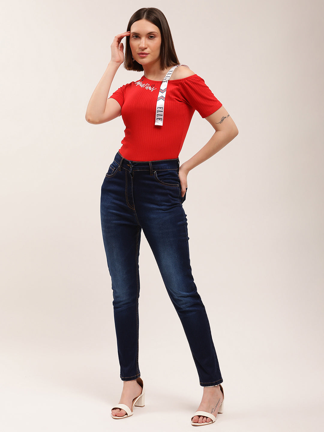 Elle Women Red Solid Assymetrical Neck TShirt